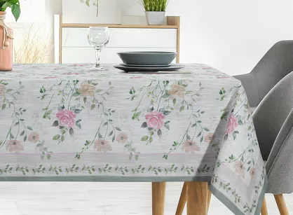 Obrus 140x180 SUMMER 7 naturalny miętowy z nadrukowanym wzorem delikatnych kwiatków