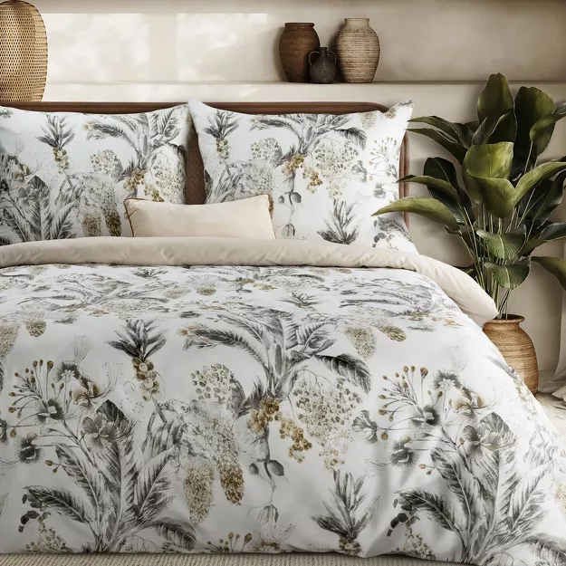 Pościel satynowa 140x200 SPRING 49 biała stalowy wzór roślinny