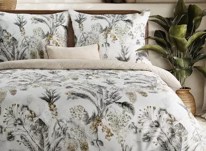 Pościel satynowa 140x200 SPRING 49 biała stalowy wzór roślinny