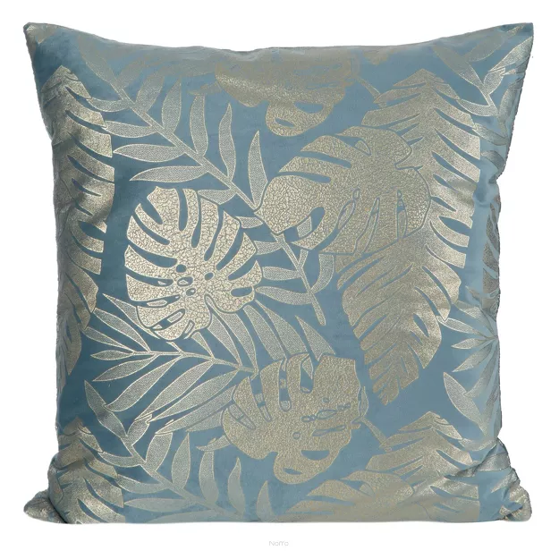 Poszewka welwetowa 45x45 VELVET 72B niebieska ze złotym nadrukiem egzotycznych liści