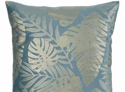 Poszewka welwetowa 45x45 VELVET 72B niebieska ze złotym nadrukiem egzotycznych liści