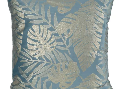 Poszewka welwetowa 45x45 VELVET 72B niebieska ze złotym nadrukiem egzotycznych liści