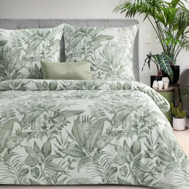 Pościel satynowa 220x200 SPRING 48 biała z miętowym nadrukiem egzotycznych liści