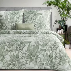 Pościel satynowa 220x200 SPRING 48 biała z miętowym nadrukiem egzotycznych liści