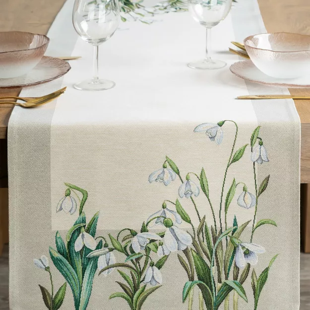 Bieżnik gobelinowy 40x100 1300 naturalny zielony z nadrukiem przebiśniegów