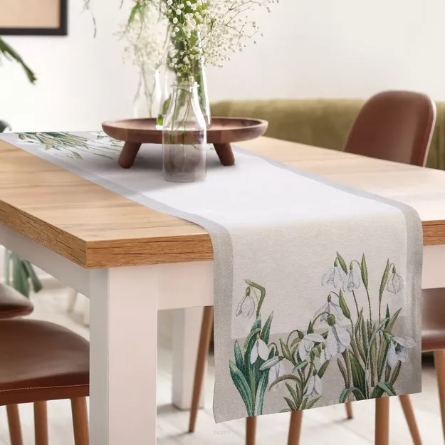 Bieżnik gobelinowy 40x100 1300 naturalny zielony z nadrukiem przebiśniegów