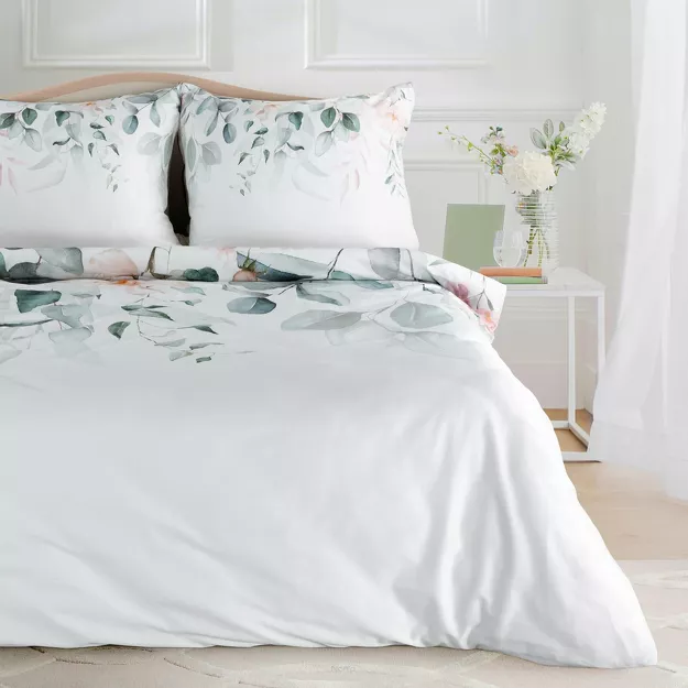 Pościel z makosatyny 160x200 JULIET biała zielona wzór kwiatowy dwustronna Premium
