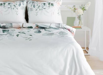 Pościel z makosatyny 160x200 JULIET biała zielona wzór kwiatowy dwustronna Premium