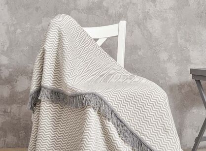 Koc bawełniany 150x200 2149-1 szary zygzak z frędzlami