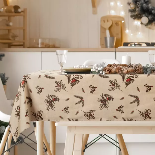 Obrus świąteczny 140x220 MELODY beżowo brązowy bawełniany w świąteczny wzór