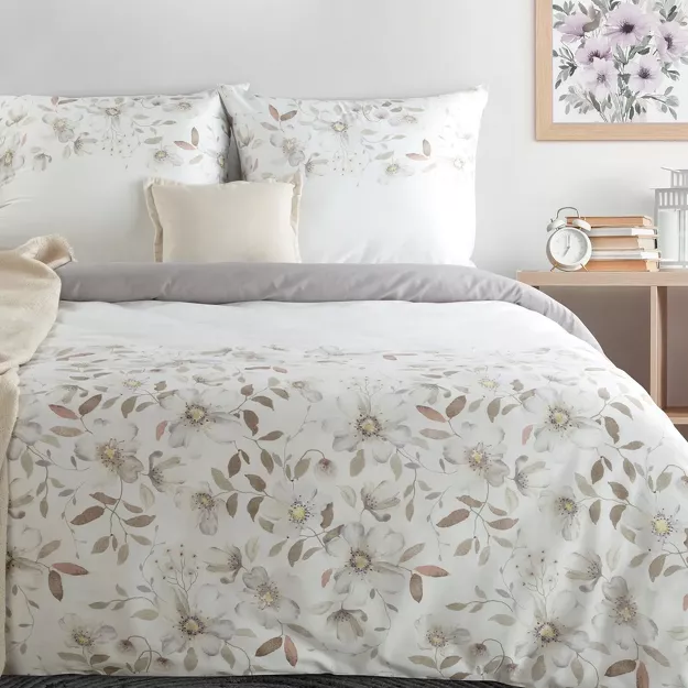 Pościel satynowa 140x200 SPRING 106 biała popielata wzór kwiatów