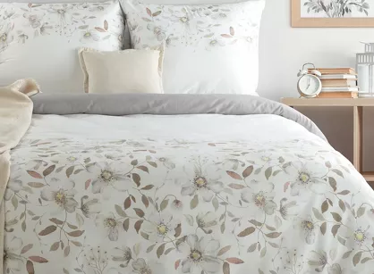 Pościel satynowa 140x200 SPRING 106 biała popielata wzór kwiatów