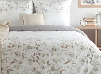 Pościel satynowa 140x200 SPRING 106 biała popielata wzór kwiatów