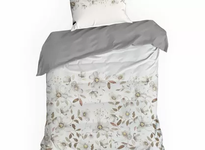 Pościel satynowa 140x200 SPRING 106 biała popielata wzór kwiatów