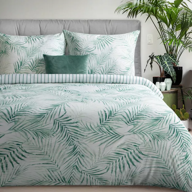 Pościel satynowa 160x200 RAYA 3 biała miętowa egzotyczne liście