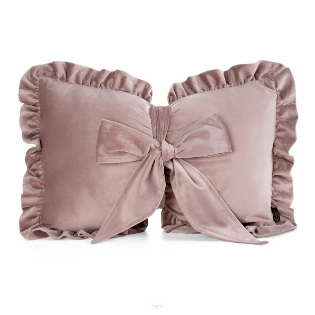 Poduszka welwetowa z wypełnieniem 35x55 KOKARDA 2 pudrowa obszyta falbaną