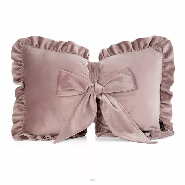 Poduszka welwetowa z wypełnieniem 35x55 KOKARDA 2 pudrowa obszyta falbaną