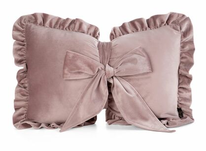 Poduszka welwetowa z wypełnieniem 35x55 KOKARDA 2 pudrowa obszyta falbaną