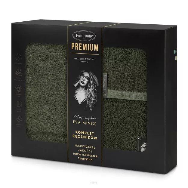Komplet Ręczników VENUS Eva Minge ciemna oliwka zdobione bordiurą w kolorze ręcznika z napisami projektantki z kolekcji Premium 550 g/m2