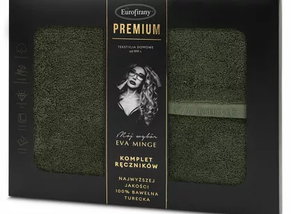 Komplet ręczników VENUS Eva Minge ciemna oliwka zdobione bordiurą w kolorze ręcznika z napisami projektantki z kolekcji Premium