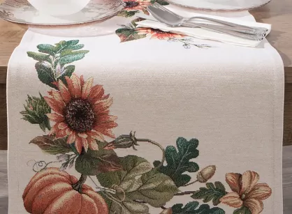 Bieżnik gobelinowy 45x140 1220 naturalny z nadrukiem pomarańczowych dyni i słoneczników