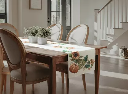 Bieżnik gobelinowy 45x140 1220 naturalny z nadrukiem pomarańczowych dyni i słoneczników