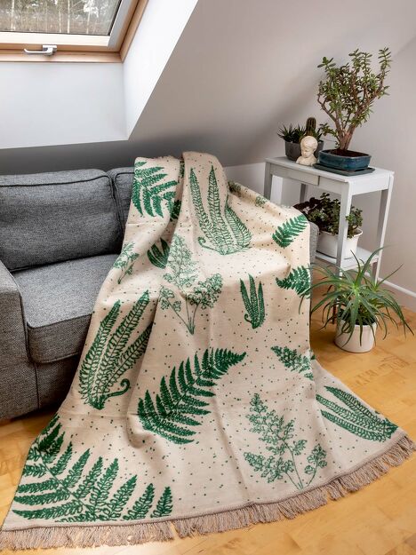 Koc bawełniany 150x200 1393-2 beżowy zielony w liście z frędzlami