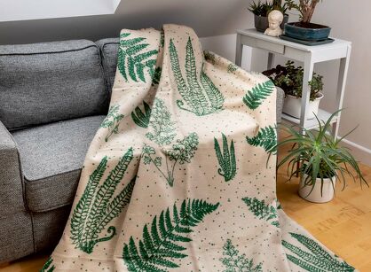 Koc bawełniany 150x200 1393-2 beżowy zielony w liście z frędzlami