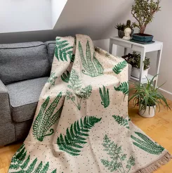 Koc bawełniany 150x200 1393-2 beżowy zielony w liście z frędzlami