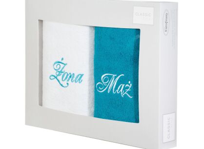 Komplet ręczników 2x70x140 MĄŻ ŻONA białe turkusowe haftowane w kartonowym pudełku