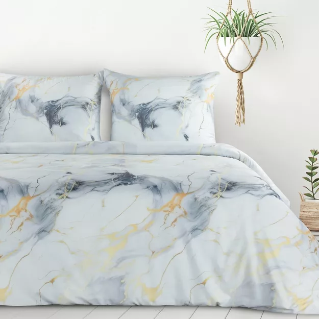 Pościel z mikrowłókna 160x200 VERANO 12 biała stalowa złoty wzór marmurkowy Design 91