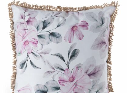 Poszewka na taras 45x45 GARDEN 30 biała wodoodporna różowy wzór kwiatowy z frędzlami