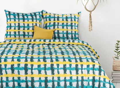 Pościel bawełniana 220x200 IDA 1 turkusowa z żółtymi pasami Design 91
