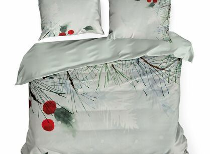 Pościel świąteczna 160x200 ROBIN jasny szary zielona panelowy nadruk z mikrowłókna