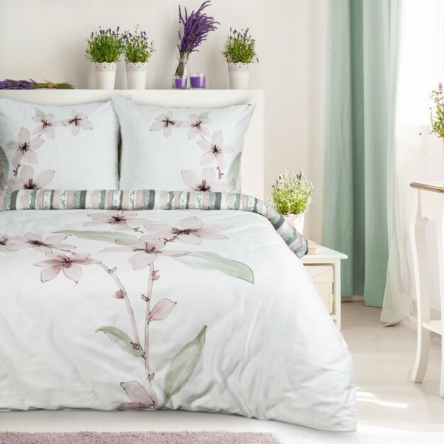 Pościel z makosatyny 220x200 BIANCA biała pudrowy kwiat dwustronna Premium