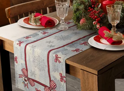 Bieżnik świąteczny 45x140 4067 gobelinowy popielaty z czerwonymi kokardkami i połyskującą srebrną nicią