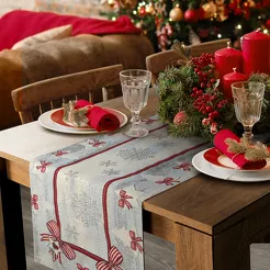 Bieżnik świąteczny 45x140 4067 gobelinowy popielaty z czerwonymi kokardkami i połyskującą srebrną nicią