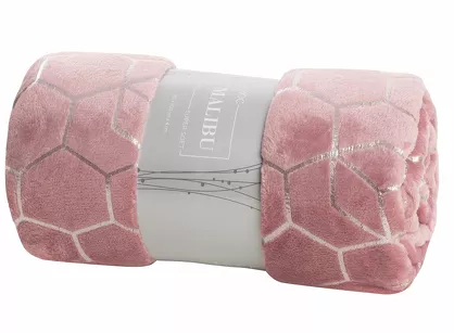 Koc flano 150x200 MALIBU różowy typu flano z geometrycznym srebrnym nadrukiem