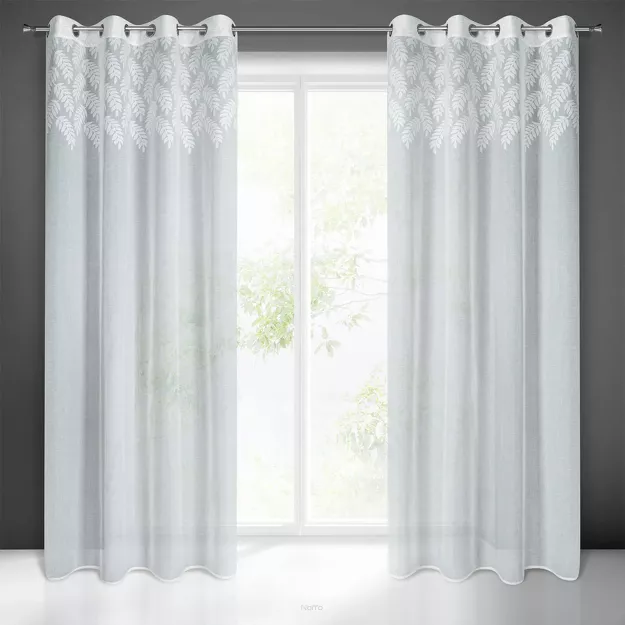 Firana na przelotkach 140x250 ANET biała z etaminy z ozdobnym pasem liści