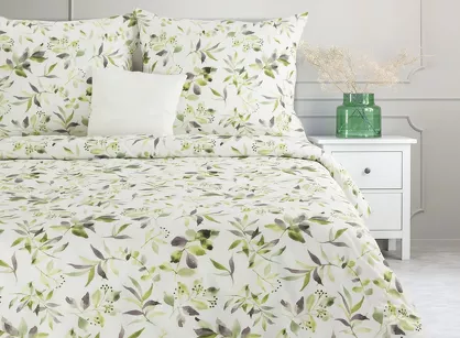Pościel bawełniana 160x200 MILI biała z wzorem zielonych listków z kolekcji Classic Family