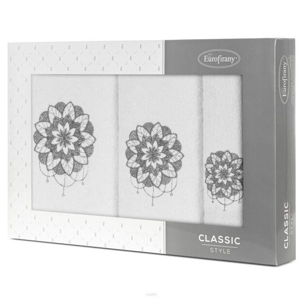 Komplet ręczników 3 szt. LOTUS białe z haftowanym grafitowym wzorem kwiatu lotosu w kartonowym pudełku