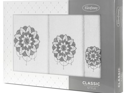 Komplet ręczników 3 szt. LOTUS białe z haftowanym grafitowym wzorem kwiatu lotosu w kartonowym pudełku