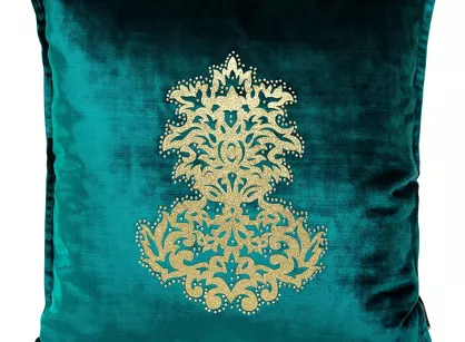 Poszewka welwetowa 45x45 ROYAL 4 ciemny turkus z aplikacją w kolorze złotym z cyrkoniami