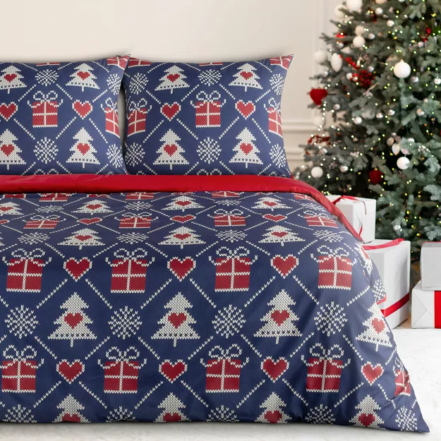 Pościel świąteczna 220x200 MERRY niebieska czerwona w choinki z bawełny renforce