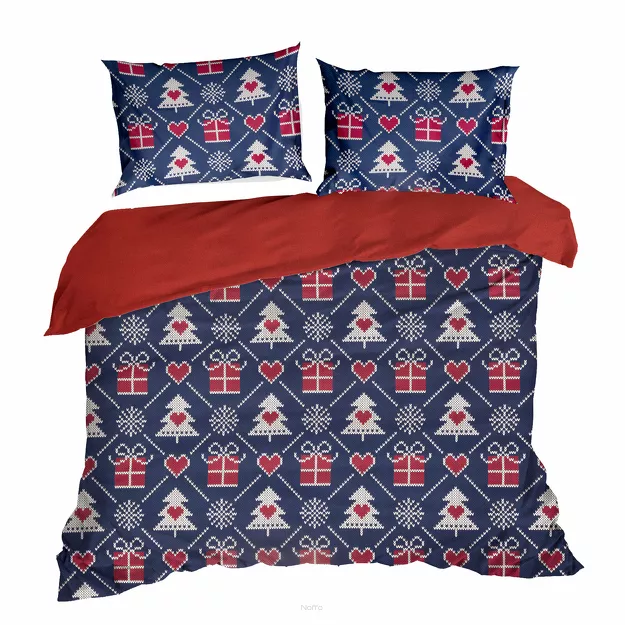 Pościel świąteczna 220x200 MERRY niebieska czerwona w choinki z bawełny renforce