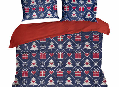 Pościel świąteczna 220x200 MERRY niebieska czerwona w choinki z bawełny renforce