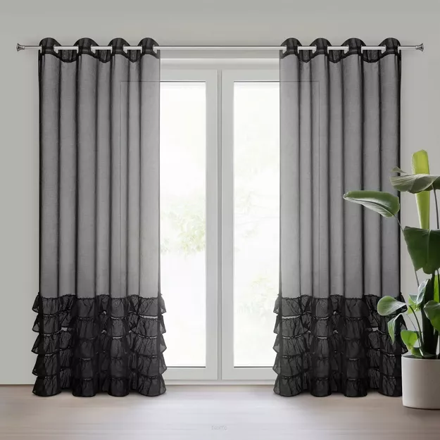Firana na przelotkach 140x250 DANI 1 czarna z etaminy zdobiona w dolnej części falbanami