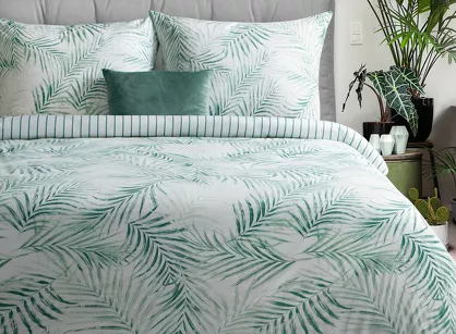 Pościel satynowa 220x200 RAYA 3 biała miętowa egzotyczne liście