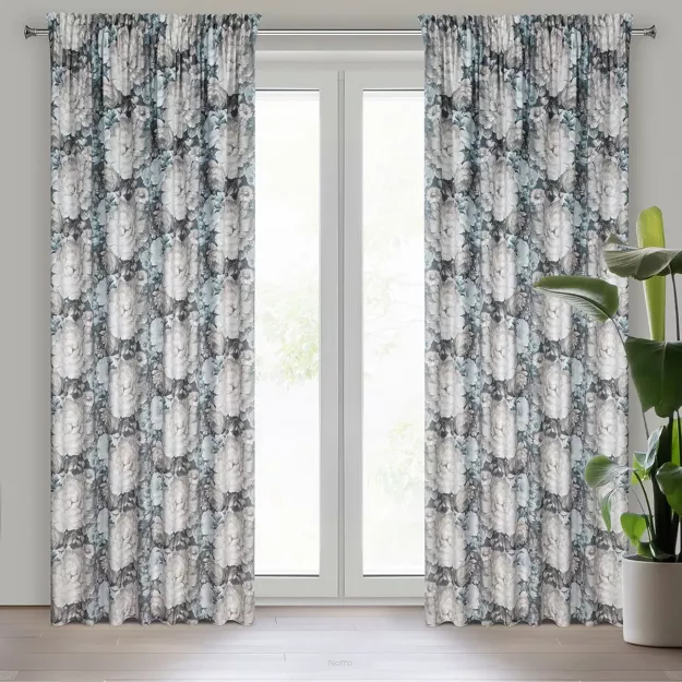 Zasłona na taśmie 140x270 LUCIA welwetowa kremowa niebieska z wzorem wyrazistych piwonii