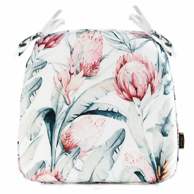 Siedzisko na taras 40x38x4 GARDEN 32 białe wodoodporne niebieski motyw kwiatowy z troczkami